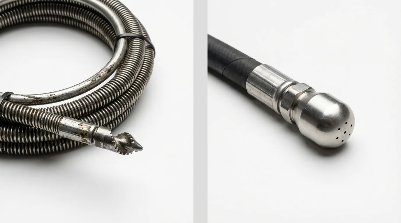 Drain snake cable and hydro jetting nozzle used for drain cleaning in West Liberty, IA