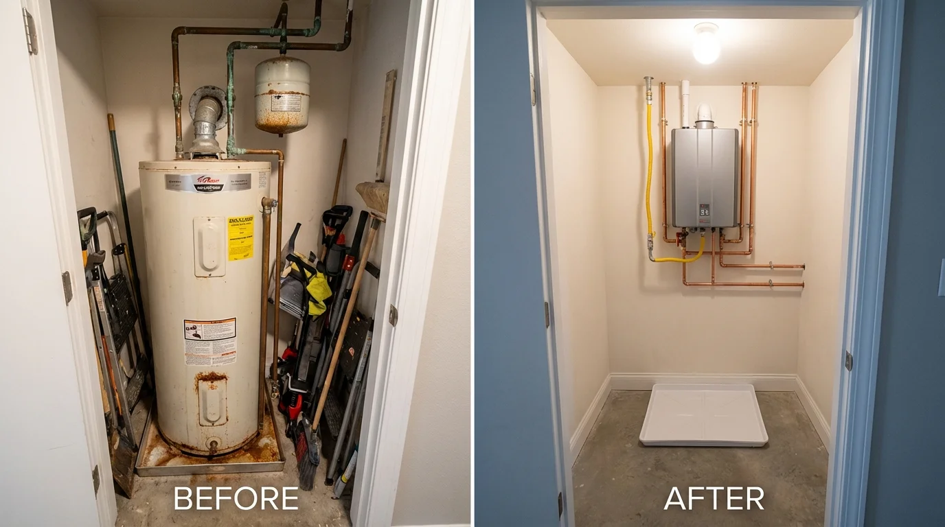Tank water heater versus wall-mounted tankless unit comparison for West Liberty, IA homeowners