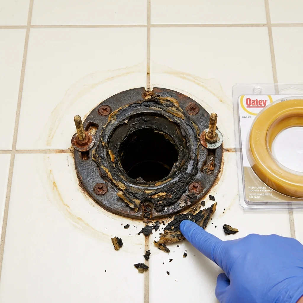 Failed wax ring showing water seepage at the base of a toilet in a West Liberty, IA home