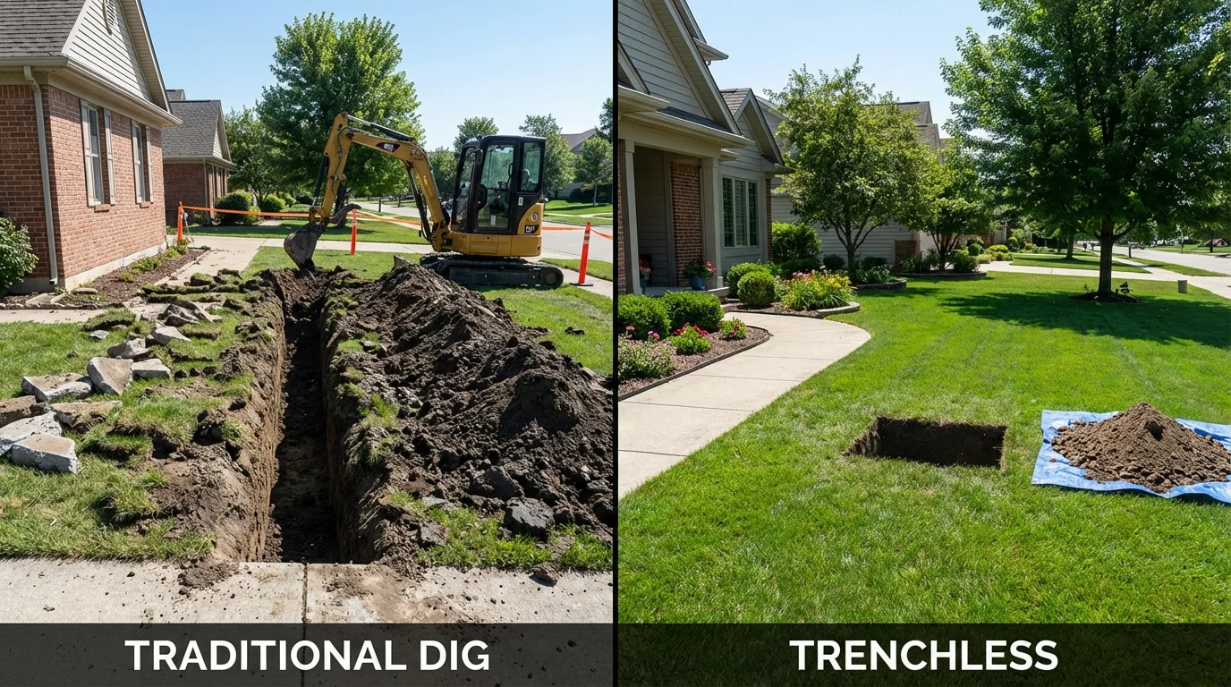 Trenchless sewer repair with minimal yard damage versus traditional excavation in West Liberty, IA