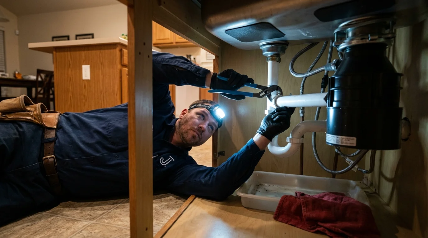 P-trap and supply line connections under a kitchen sink showing a common leak point in West Liberty, IA